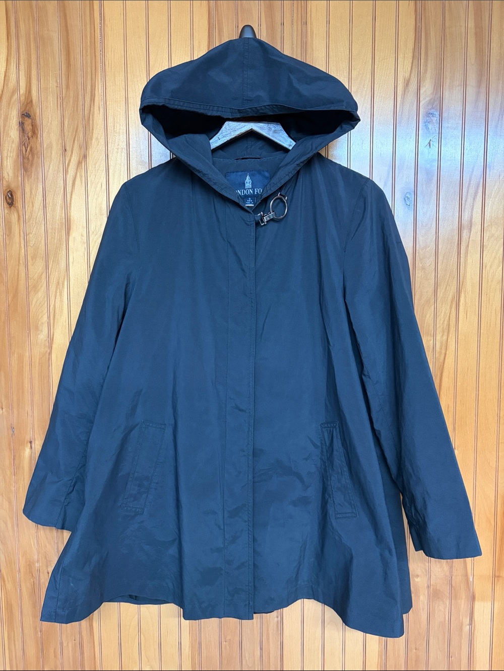 London Fog Dark Gray Hooded A-Line Raincoat Metal Ring Neck Clasp Jacket. Small